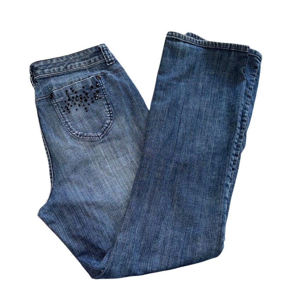 Chico's Platinum Dark Blue Straight Leg Jeans Vintage Size 2 Bedazzled Pockets
